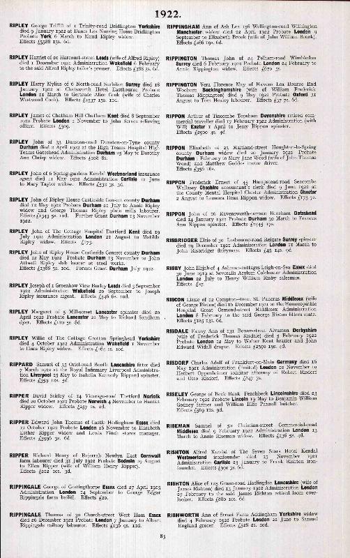 Rippington Vera Florence May (nee Healey) 1922 Probate